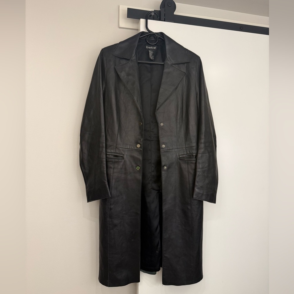 Bebe black leather long coat, size Small.